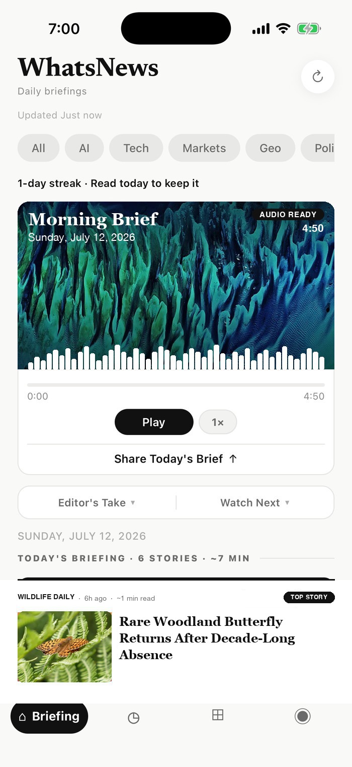 WhatsNews Briefing screen showing today's morning brief and top stories